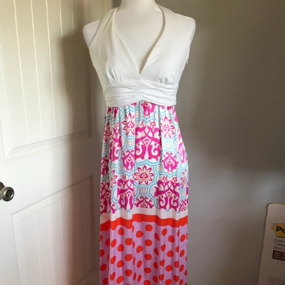 INC Women's White Halter Maxi Dress with Pink, Coral, Aqua Silk Skirt Size 2 NWT